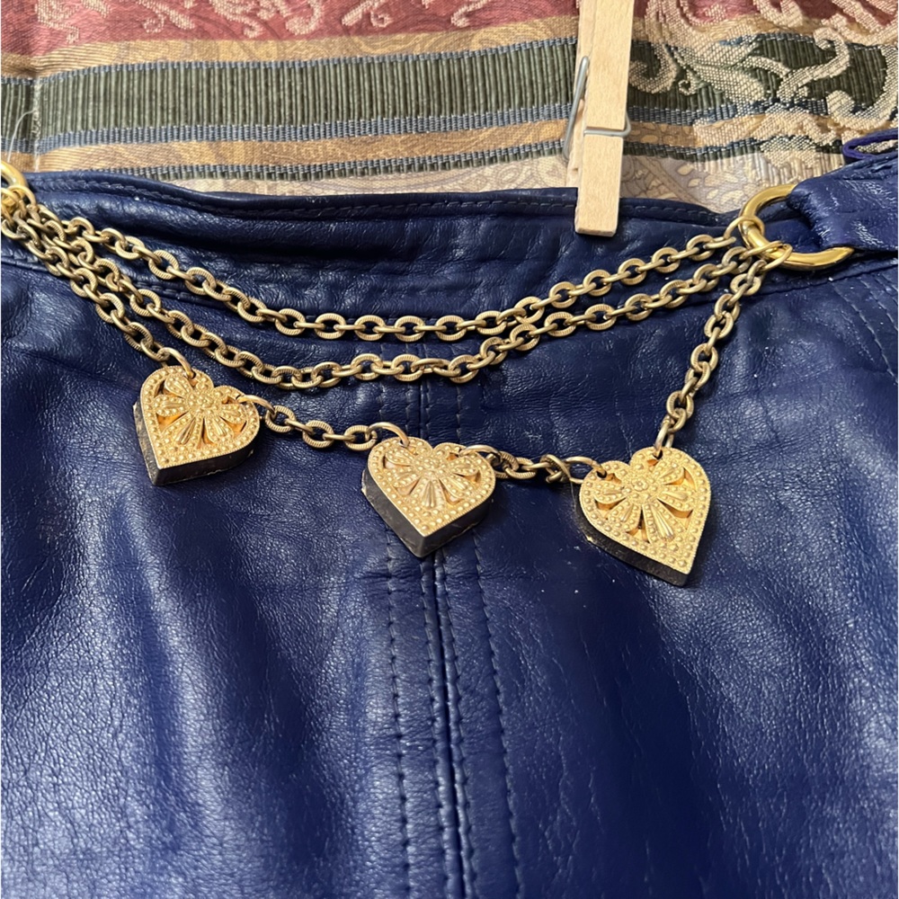 Chi Brand Royal Blue Genuine Lamb’s Leather Skirt W/Brass Chains & Hearts